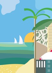 Sea, beach and sun - rest at the resort. Color illustration