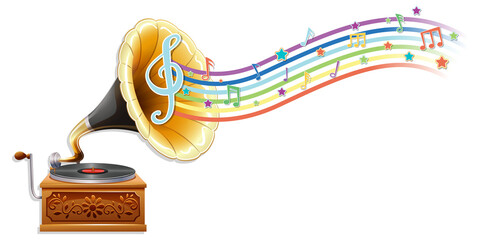 Fototapeta premium Gramophone with melody symbols on rainbow wave