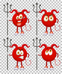 Set of Red Devil cartoon character with facial expression on transparent background