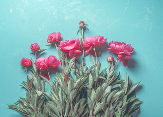 Lovely bunch on pink peonies with leaves on light blue background. View from above. Floral...