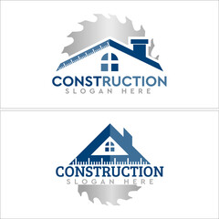 Construction with home roof and circular saw vector logo