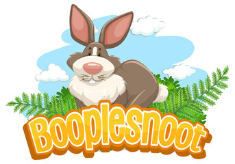 Cute rabbit cartoon character with Booplesnoot font banner isolated
