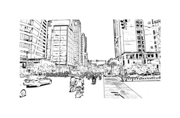 Building view with landmark of Hanoi is the  capital in Vietnam. Hand drawn sketch illustration in vector.