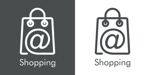Símbolo de tienda en línea. Logotipo lineal con texto Shopping con símbolo arroba en bolsa de la compra en fondo gris y fondo blanco