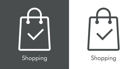 Logotipo con texto Shopping con silueta de bolsa de la compra con cheque de verificación con lineas en fondo gris y fondo banco