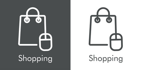 Símbolo de tienda en línea. Logotipo lineal con texto Shopping con bolsa de la compra con mouse de ordenador en fondo gris y fondo blanco