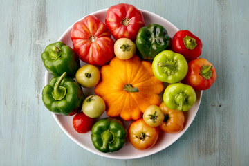 Ripe vegetables from the garden are laid out on a white plate