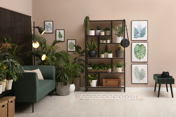 Stylish living room interior with many beautiful houseplants