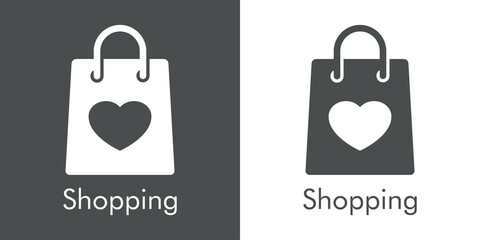 Logotipo con texto Shopping con silueta de bolsa de la compra con corazón en fondo gris y fondo banco