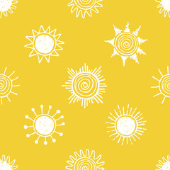 Seamless pattern with hand drawn suns on yellow background. Design element for fabric, textile, wrapping paper.