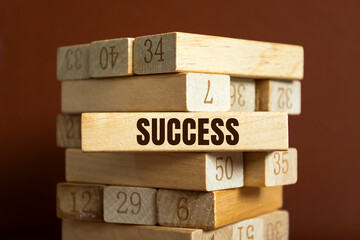 Modern business buzzword - focus. Word on wooden blocks on a brown background. Close up.