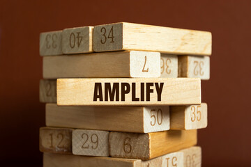 Modern business buzzword - amplify. Word on wooden blocks on a brown background. Close up.