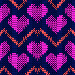 Materiał do szycia Fair isle heart knit nordic vector seamless pattern. Knitting crochet valentine ornament.