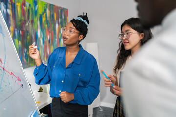 Two girls of different origins are standing in an office next to a white board, holding markers, drawing a diagram, analyzing the scheme, supervised by a man dressed in a white shirt