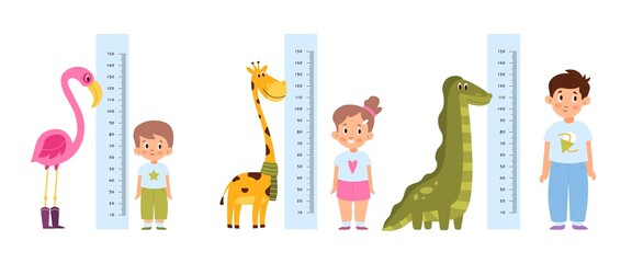 Obraz premium Kid measure height. Different growth and ages children stand near wall-mounted growth meters with funny cute animals decor. Pink flamingo giraffe and dinosaur. Vector cartoon concept
