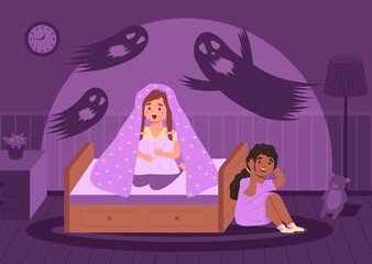 Children nightmares. Scared girls in dark room. Ghosts flying around bed with kids. Spooky shadows on walls. Babies afraid of poltergeists at night. Vector phobias and horrors concept