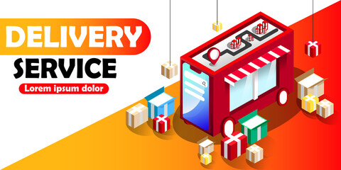 Online delivery banner. Delivery advertising banner. 3d, isometric delivery. Delivery car. Delivery service