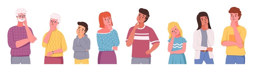 Thoughtful characters. Various women and men standing in thinking poses, making decision and solving problems, puzzlement and mental process, idea search. Vector cartoon isolated set