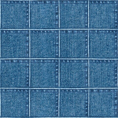 Fototapeta premium Jeans patchwork fashion background. Denim blue grunge textured seamless pattern