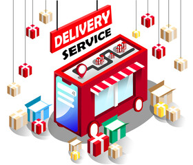 Online delivery banner. Delivery advertising banner. 3d, isometric delivery. Delivery car. Delivery service