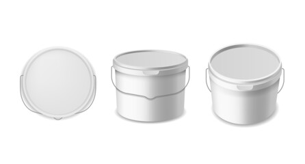 Buckets plastic. Construction liquids containers template, white bucket for different products packaging mockup. Pack with lid and metal handle top and perspective view. Vector realistic set