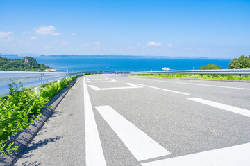 Beautiful Landscape of A Slope Way near The Sea or Ocean in Summer, Karato in Teshima Island in Kagawa Prefecture in Japan, Travel or Vacation Background