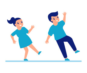 Children slip and fall down to floor. Slippery floor for children. Boy and girl fail and fall. Vector illustration