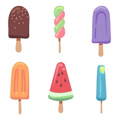 Ice cream flat. Frozen creamy summer desserts, fruit ice and sundae. Sweet chocolate, gelatos and fresh popsicles, bright summertime food. Icons for bar, cafe menu. Vector isolated set