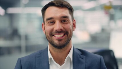 Portrait of a Confident Happy Businessman Wearing a Casual Suit, Looking at Camera, Genuinely and Charmingly Smiling. Successful Experienced Man Working in Diverse Company Office.