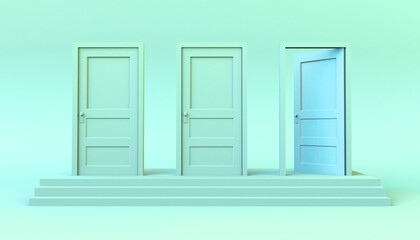 Set of doors closed on steps with one open. 3D illustration. Minimal. Modern.