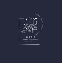 Boho hand drawn mystical magic logo. Esoteric doodle elements. Black outline style. Abstract vector illustration