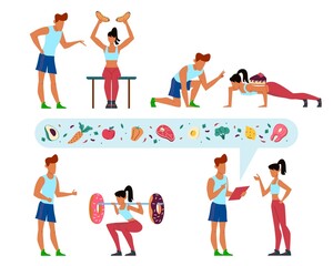 Fototapeta na wymiar Working off kilocalories. Diet instructions. People training in gym. Trainer teaches woman to workout. Fast food and sweets. Coach talking with sportsmen about meal. Vector concept