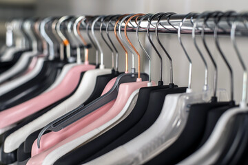 Fashionable different types of hanger. Many plastic hangers on a rod on the rail, in the shop in a...