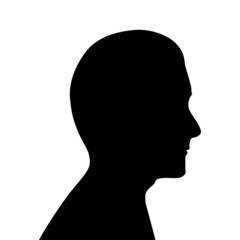 Naklejka na ściany i meble Black silhouette of male head. Profile of man, guy. Middle-aged man with a straight nose and short hair. Anonymous icon. Drawing isolated on white background. Vector illustration. Male face side view