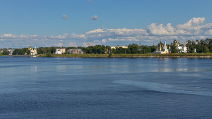 Volga river and Uglich Kremlin panoramic view from hydro power station dam (Yaroslavl region, Russia)