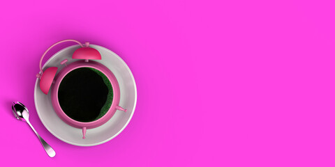 Time to wake up. Coffee clock concept with teaspoon. Banner. 3d illustration.
