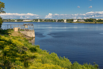 Volga river and Uglich Kremlin panoramic view from hydro power station dam (Yaroslavl region, Russia)