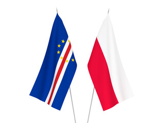 National fabric flags of Republic of Cabo Verde and Poland isolated on white background. 3d rendering illustration.