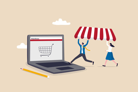 Open shop online, start e-commerce store selling product online, build website create virtual store in the internet concept, business people shop owner building new website on laptop computer.