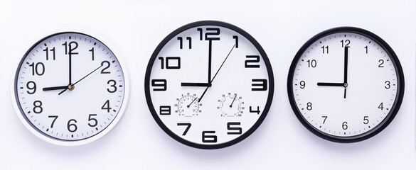 Wall clock at white  background top view. Office wall clock