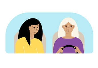 Illustration of two women in the car behind the windshield.