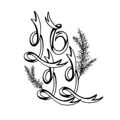 2022 new year numbers or symbol. Christmas sketch with hand drawn lettering and fur tree branches. Design element for Xmas greeting card. Black line on isolated white background. Vector illustration.