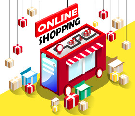 Online shopping 3d banner. Online shopping advertising banner. Shopping online isometric. Online shopping web banner