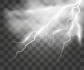 Vector image of realistic lightning. Flash of thunder on a transparent background.	
