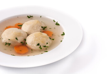 Traditional Jewish matzah ball soup isolated on white background