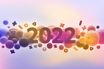 New Year greeting card with year 2022 number and shiny glossy balls in vibrant orange pink color gradient