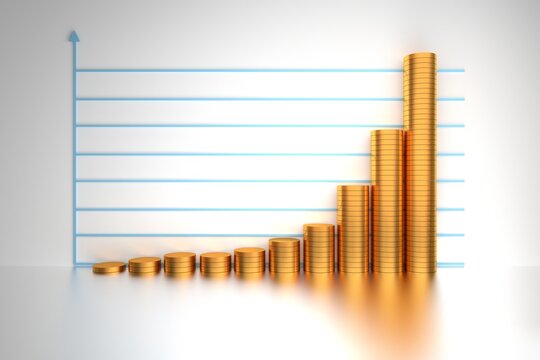 Many golden coins arranged in exponential growth chart