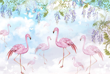 Fototapety  Mural na ścianach. Fototapeta z flamingami. Tropikalny wzór z różowymi flamingami.