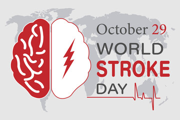 Vector illustration on the theme of the World Stroke Day. October 29. A red and white silhouette of a human brain with a lightning bolt on the background of a world map. Light gray background