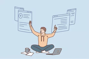 Foto op Canvas Freelance work and remote location concept. Young smiling man worker witting on floor with laptop and coffee working feeling positive vector illustration  © Dzianis Vasilyeu